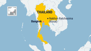 Staden Korat, eller Nakhon Ratchasima, är belägen 260 kilometer från huvudstaden Bangkok. Thailand är gulfärgat. Staden Korat och Bangkok utmärkta.