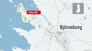 Pihlava ligger 15 kilometer från Björneborgs centrum. Karta över Björneborg med Pihlava markerat.