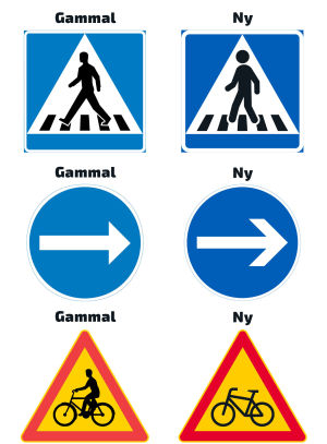 Flera vägmärken. Upptill två för övergångsställe, i mitten pilar och nertill cykelmärken.