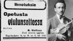 Boris Wolfsonin ilmoitus viulutunneista Karjalassa 1914.