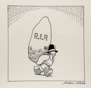Black Peider -sarjakuvahahmo kantaa hiidenkiveä, jossa lukee RIP.