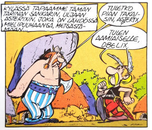 Kaikkien aikojen ensimmäinen kuva Asterixista ja Obelixista. Asterix gallialaisena (hahmojen ensiesiintyminen).