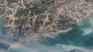 En satellitbild över Raseborg och Hangö där alla vattendrag ser bruna ut i jämförelse med det öppna havet (Finska viken).