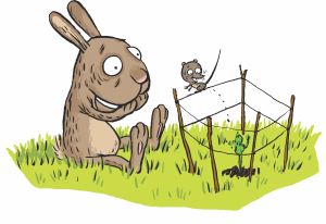 Haren Jinko och björnen Tito vaktar morotsplantan. Illustration ur Christel Rönns bilderbok "Jinko och det finurliga fröet".