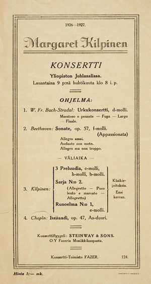 Käsiohjelma pianisti Margaret Kilpisen ensikonsertista 9. huhtikuuta 1927 Helsingin Yliopiston juhlasalissa.