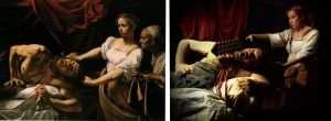 Toisinto Caravaggion teoksesta Judith leikkaa irti Holoferneen pään.