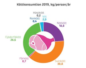 Ett diagram som visar köttkonsumtionen bland finländarna i fjol. Ett pajdiagram som visar hur köttkonsumtionen bland finländarna var fördelade år 2019.