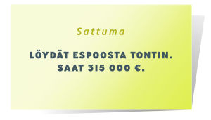Sattuma kortti, jossa lukee: Löydät Espoosta tontin. Saat 315 000 euroa
