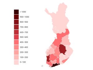Kartan visar antal personer som väntat på vård i över 180 dygn 30.4.2020. En karta med Finlands sjukvårdsdistrikt.