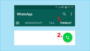 Kuvakaappaus Whatsapp-sovelluksesta: Ryhmävideopuhelu avataan kohdasta Puhelut ja sieltä luuri-ikonista.ikonista.