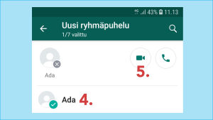 Kuvakaappaus Whatsapp-sovelluksesta: Valitse puheluun osallistujat yhteytietolistaltasi. Soita videopuhelu painamalla kameraikonia.