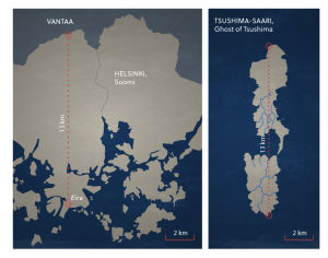 Tsushiman saari on suunnilleen Helsingin mittainen. Kuvassa näkyy Helsingin kartta ja Tsushiman saaren kartta.