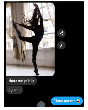 Kuvakaappaus Facebook-keskustelusta, jossa Hans lähettää Minnalle kuvan balettitanssijasta ja minna vastaa: "That's not me".