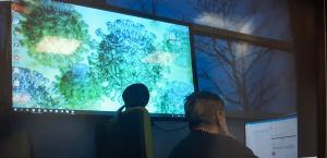 ECDC samlar forskning och erfarenheter om coronaviruset för att ge råd till medlemsländerna. En skärm med ECDC:s logo och virusbilder och en person i förgrunden som arbetar vid en dator.