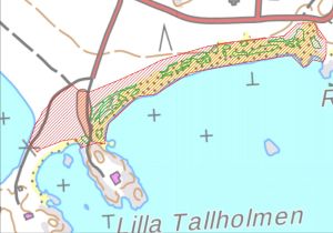 På kartan ser man själva området och dessutom utmärkt var vresrosorna finns som ska tas bort. En karta där ett strandområde är utmärkt med röda och gröna markeringar.