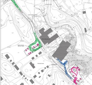 Skissen visar trafikarrangemangen vid skolan: i norr skoltransporter, i söder personbilstrafik. En skiss över en byggplats.