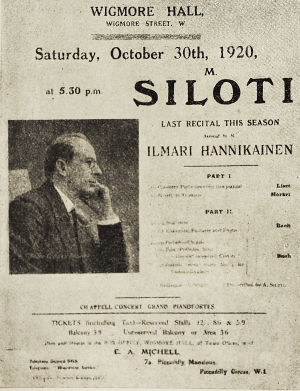 Pianoduo Aleksadr Zilotin ja Ilmari Hannikaisen konsertti-ilmoitus Lontoon Wigmore Hallissa lokakuussa 1920..