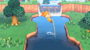 Animal Crossing: New Horizons Kuva Animal Crossing -pelistä, jossa hahmo loikkaa joen yli.