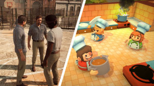 A Way Out ja Overcooked ovat molemmat moninpelejä. Kuva A Way Out -pelistä ja Overcookedista.