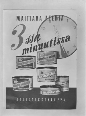 Vanha OTK:n mainos. Vanha juliste, jossa säilykepurkkeja.
