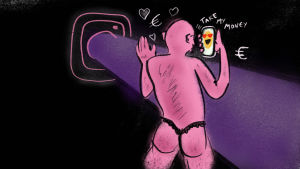 En tecknad illustration av en skallig och lite rygg hårig man som poserar bara i svarta strings på sin OnlyFans-följare som tittar på honom genom sin mobiltelefon.