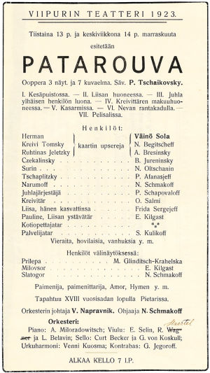 Tshaikovskin Patarouva-ooppera Viipurissa 1923.