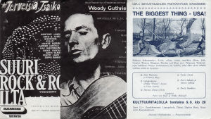 Ohjelmakeskuksen teemakonserttien mainoslehtisiä vuosilta 1976-1978. Ohjelmakeskuksen teemakonserttien mainoksia: Terveisiä Tsaikovskille, Woody Guthrie -ilta, The Biggest thing - USA.