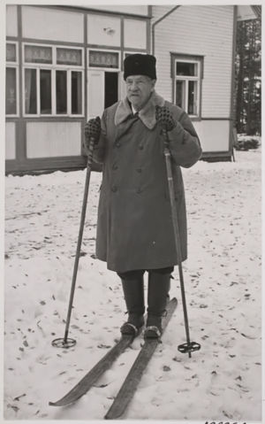 Presidentti P.E. Svinhufvud lähdössä hiihtämään.