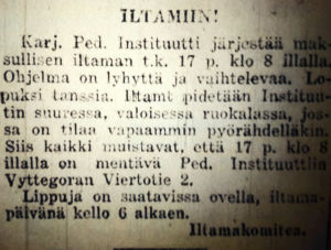 Ilmoitus iltamista sanomalehti Punaisessa Karjalassa 17. huhtikuuta 1932. Ilmoitus iltamista Punaisessa Karjalassa 17.4.1932.