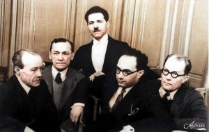 Neuvosto-Karjalan säveltäjiä vas. S. Efimov, Karl Rautio, Leopold Teplitski, Ruvim Pergament ja Lauri Jousinen. Leningrad 1936.