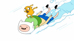 Koira ja ihminen laskevat mäkeä animaatiosarjan kuvassa.