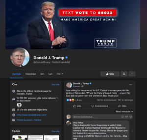 Så här ser Donald Trumps Facebooksida ut. Skärmdump på Trumps Facebooksida.