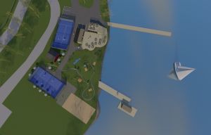 En skiss över en aktivitetspark vid vattnet, sett uppifrån. En brygga med en flytande bastu, två padelbanor, golfbana och beachvolleybollbana syns plus ett café med en uteservering.