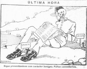 "Din sista stund". Illustration av influensans härjning från El Fígaro, den 25 september 1918. Illustration av Spanska sjukan i form av en död soldat, från en spansk tidning 1918.
