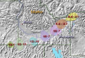 Så här har hetfläcken under det nuvarande Yellowstone (Uppe t.h.) vandrat under de senaste 16 miljonerna åren. I sitt spår har den lämnat förstörelse i form av enorma vulkanutbrott. Karta över Yellowstone-hetfläckens vandring under årmiljonerna.
