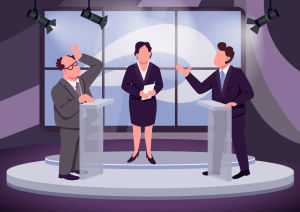 "Den är rund!" "Nej, för tusende gången..." Datorbild av två personer som debatterar i en TV-studio.