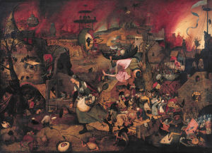 När Bertold Brecht skrev sin pjäs Mor Courage inspirerades han av renässansmästaren Pieter Bruegels tavla "Galna Greta" (1563) som föreställer en kvinna som plundrar Helvetets portar. En renässansmålning av en kvinna med svärd och pansar i ett kaotiskt krigslandskap.
