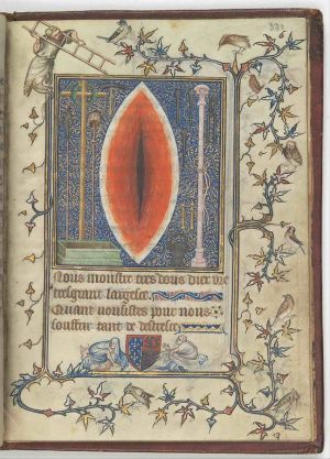 Kuvassa on keskiaikaisen hartauskirjan kuva, jossa kuvataan Kristuksen haavaa. Haava muistuttaa naisen vulvaa.
