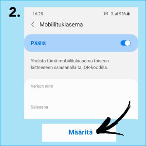 Kuvakaappaus Android-puhelimen asetuksista: Valitaan Mobiilitukiaseman asetuksia kuten Verkon nimi ja Salasana säädetään komennosta Määritä.