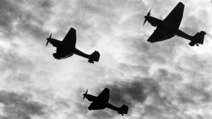 Saksalaisia Junkers 87 Stuka-syöksypommikoneita ilmassa.