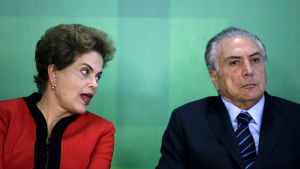 Dilma Rousseff och hennes efterträdare Michel Temer Dilma Rousseff och Michel Temer under en gemensam presskonferens 29.3.2016