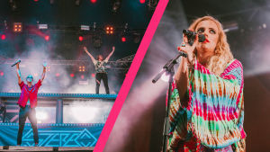 Stereo-duo lavalla Ruisrockissa. Jere Marttila ja Leo Hakanen seisovat toinen lavalla, toinen DJ-pöydän päällä kädet kohti kattoa, kollaasikuvassa myös mikrofoniin alakuloisen näköisenä nojaava Ellips.