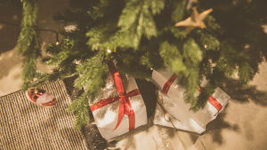 Enligt flickorna är julklapparna också bland det bästa med julen och något de alla ser fram emot. joulukuusi ja lattialla lahjoja