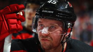 Sami Vatanen gjorde mål. New Jerseys Sami Vatanen under matchen mot Anaheim.