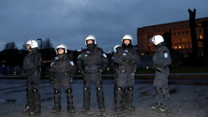Polisen tryggar säkerheten. Bilden är tagen under en demonstration på självständighetsdagen 2019. Poliiseja tarkkailemassa itsenäisyyspäivän kulkuetta