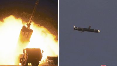 De här bilderna på avfyrandet av en kryssningsmissil publicerades av den statliga nordkoreanska nyhetsbyrån KCNA på måndag morgon.