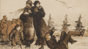"Skrinnings stund". Tuschskiss av Helene Schjerfbeck föreställande två damer, en flicka och pojke som skrinnar. Signerad och daterad år 1879. Skiss av Helene Schjerfbeck föreställande två damer och en flicka och pojke som skrinnar. Pojken har fallit omkull. Signerad och daterad år 1879.