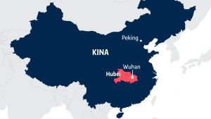 Alla 425 dödsfall har inträffat i provinsen Hubei, särskilt i provinshuvudstaden Wuhan Karta över Kina med Hubeiprovinsen och Wuhan utprickade.