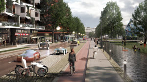 Fotgängare, cyklister och bilar samsas på framtidens stadsboulevarder. Tavastehusleden år 2050.
