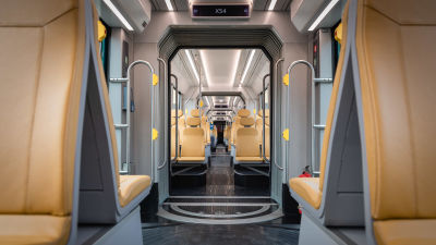 Ny snabbspårvagn i Helsingfors, bilden är fotad inne i spårvagnen.